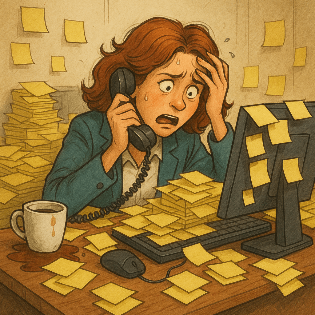 Flustered receptionist surrounded by sticky notes.