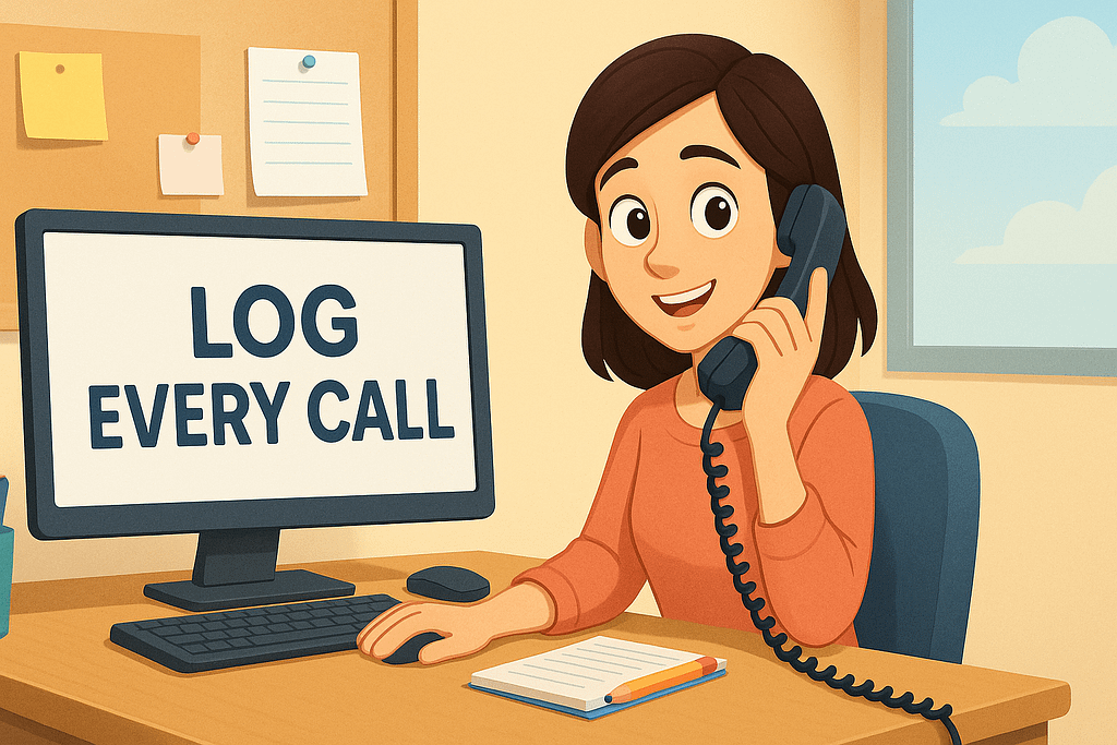 A woman logging a phone call.