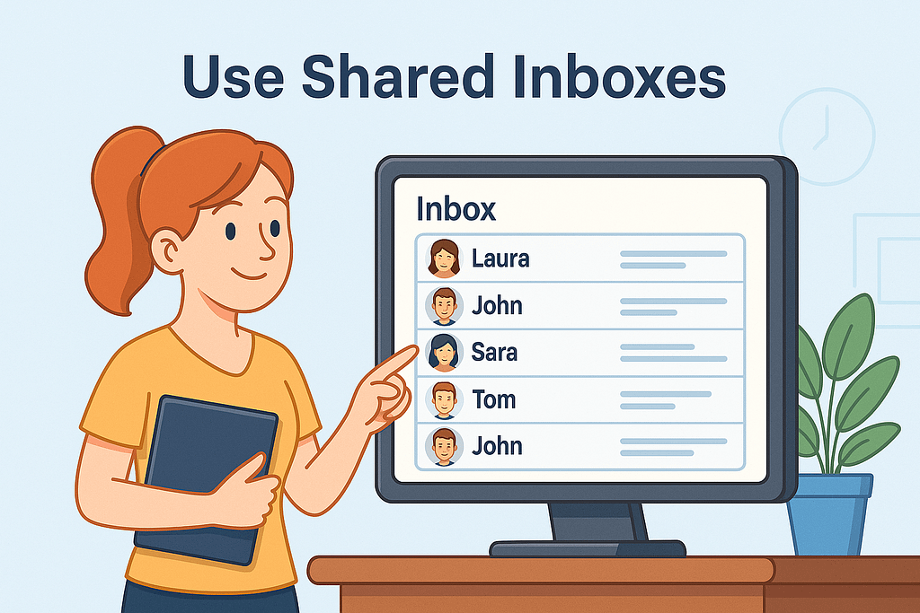 A woman pointing to a list of Inboxes on a computer screen.