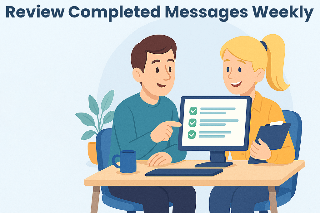 Man and woman reviewing completed messages.