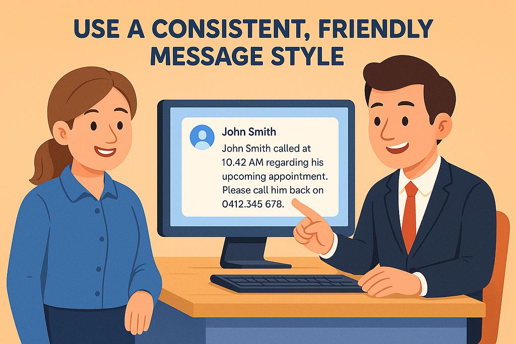 Man and woman reviewing phone message style on computer display.