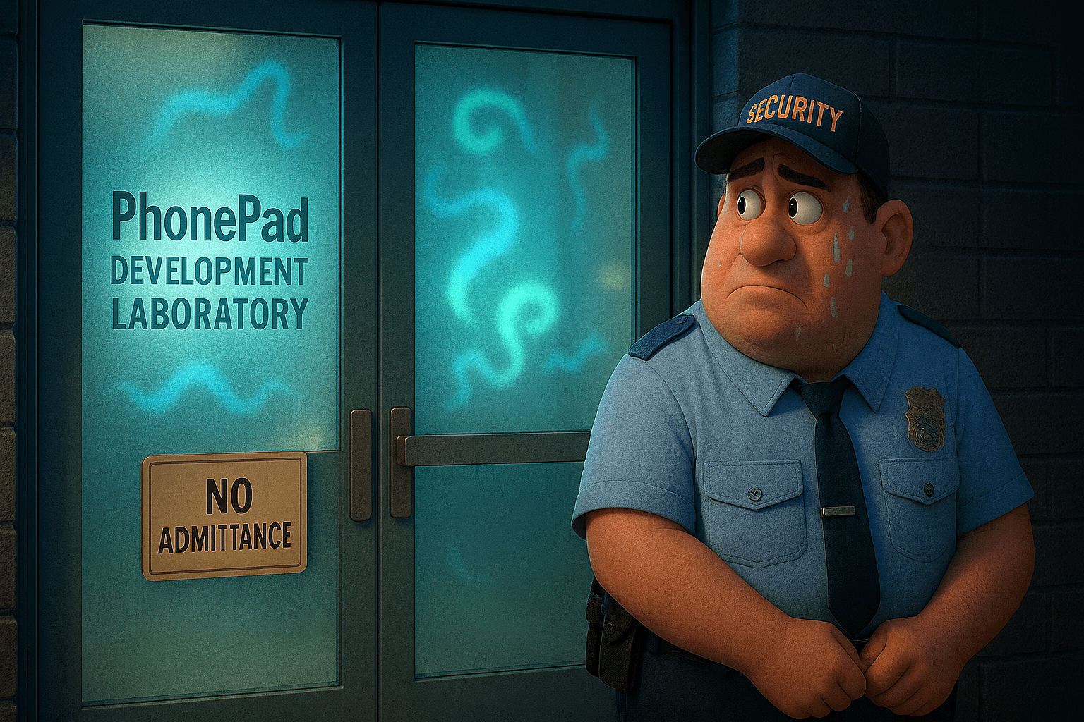 Security guard not too sure about what's happening in the PhonePad Development Lab
