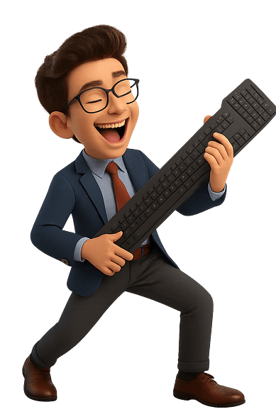 An image of a young male office worker trying to play a computer keyboard like a guitar, clearly thinking he is a rock star.