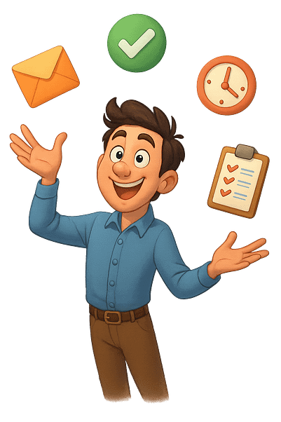 A cartoon image of a man juggling tasks.