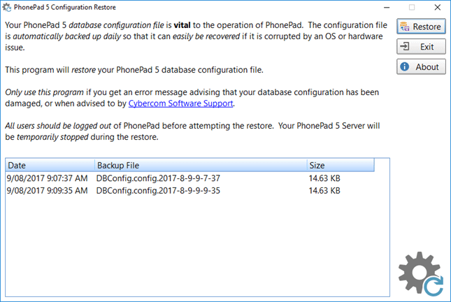 Quickly restores your PhonePad database configuration file.