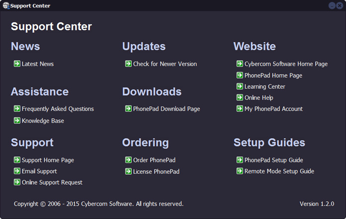 Support Center for the PhonePad telephone message logging system.