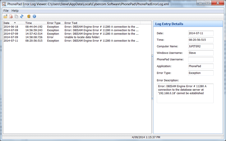 PhonePad Error Log Viewer